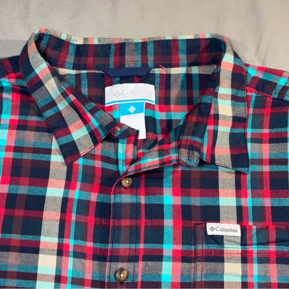 Columbia Mens Blue Red Aqua Plaid Button-up Shirt Men's Size 4XL Tall Big & Tall - Picture 1 of 7